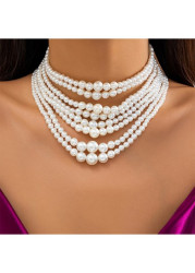 Modlily White Pearl Layered Design Geometric Necklace - One Size