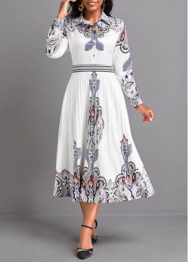 Modlily White Pleated Tribal Print Long Sleeve Dress - S