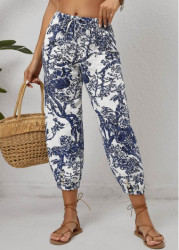 Modlily White Pocket Leaf Print Jogger Drawastring Mid Waisted Pants - S