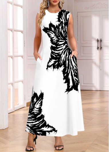 Modlily White Pocket Leaf Print Sleeveless Round Neck Maxi Dress - S