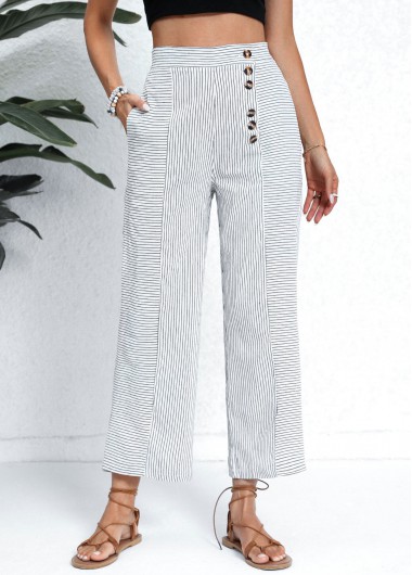 Modlily White Pocket Striped Button Fly High Waisted Pants - M