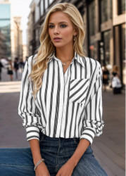 Modlily White Pocket Striped Long Sleeve Shirt Collar Blouse - XXL