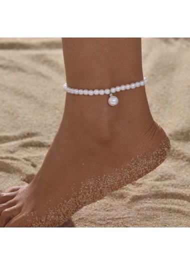 Modlily White Round Pearl Design Metal Anklet - One Size