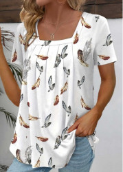 Modlily White Ruched Feathers Print Short Sleeve T Shirt - S