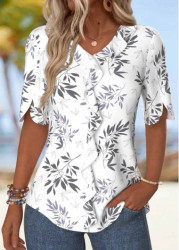 Modlily White Ruffle Leaf Print Half Sleeve V Neck Blouse - S