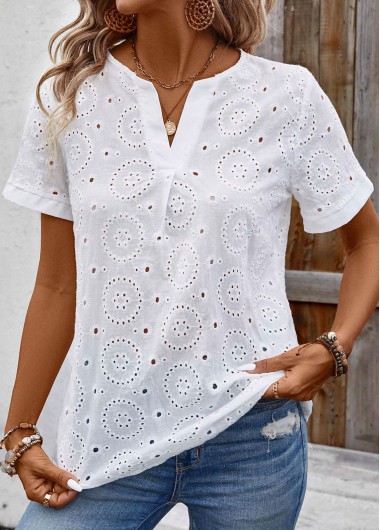 Modlily White Short Sleeve Split Neck T Shirt - L