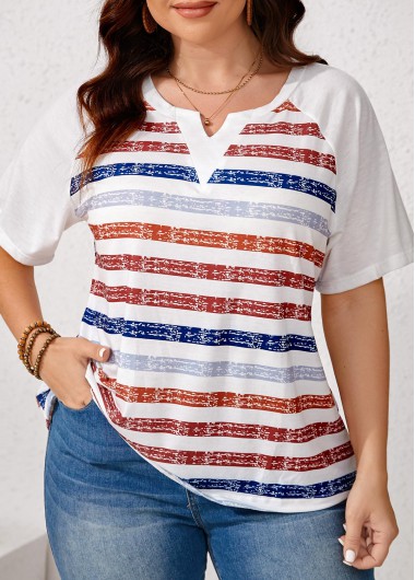 Modlily White Split Plus Size Striped Short Sleeve T Shirt - XL