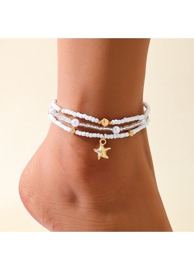 Modlily White Starfish Alloy Beaded Anklet Set - One Size