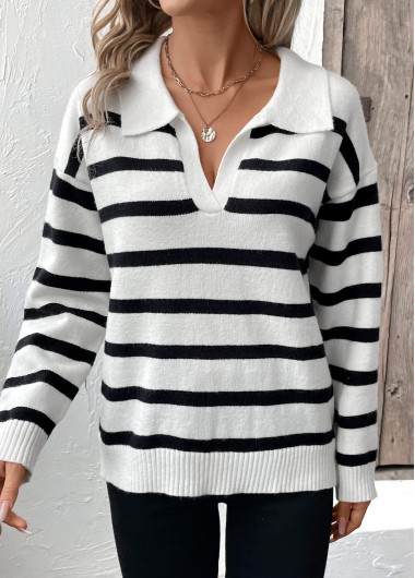 Modlily White Striped Long Sleeve Turn Down Collar Sweater - S