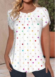 Modlily White Tuck Stitch Polka Dot Short Sleeve T Shirt - S