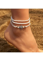 Modlily White Turtle Geometric Beaded Design Anklets - One Size