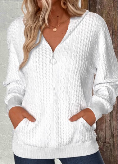 Modlily White Zipper Long Sleeve V Neck Hoodie - M