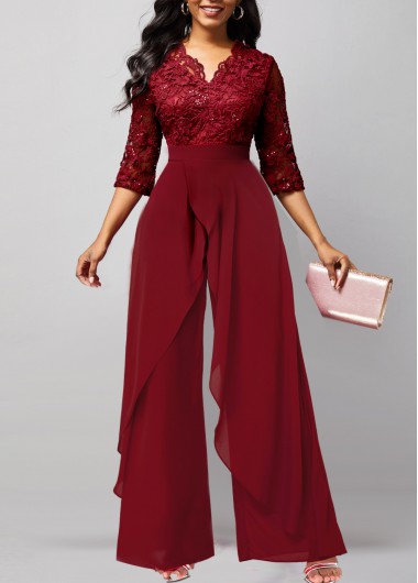 Modlily Wine Red Asymmetry Long 3/4 Sleeve V Neck Jumpsuit - S