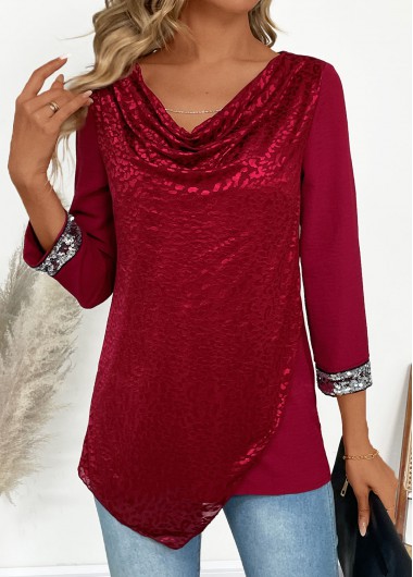 Modlily Wine Red Asymmetry Three Quarter Length Sleeve T Shirt - M