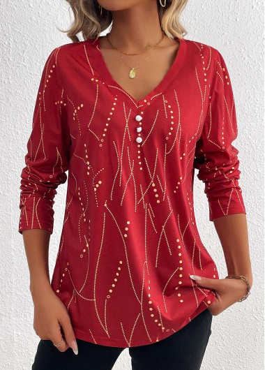 Modlily Wine Red Button Geometric Print Long Sleeve T Shirt - S