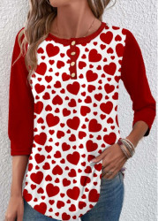 Modlily Wine Red Button Heart Print T Shirt - M