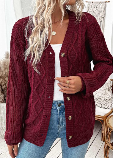 Modlily Wine Red Button Long Sleeve Cardigan - XL