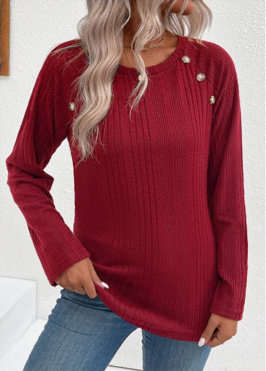 Modlily Wine Red Button Long Sleeve Round Neck T Shirt - L