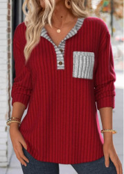 Modlily Wine Red Button Long Sleeve Split Neck Sweatshirt - S