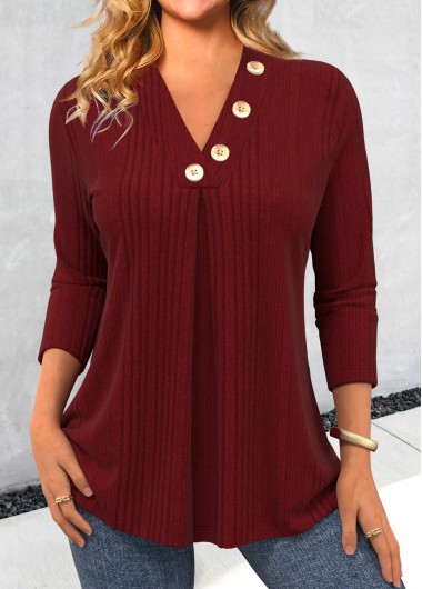 Modlily Wine Red Button Long Sleeve V Neck T Shirt - S