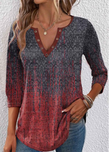 Modlily Wine Red Eyelet Ombre 3/4 Sleeve T Shirt - S