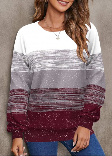 Modlily Wine Red Geometric Print Long Sleeve Sweatshirt - M