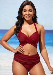 Modlily Wine Red Halter Mid Waist Bikini Set - XXL