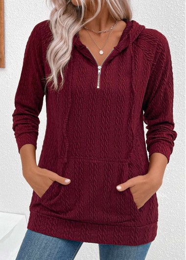 Modlily Wine Red Jacquard Drawstring Long Sleeve Hoodie - S