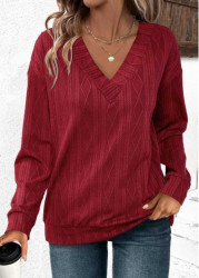 Modlily Wine Red Jacquard Long Sleeve V Neck Sweatshirt - S