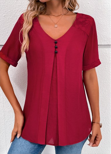 Modlily Wine Red Lace Short Sleeve V Neck Blouse - S