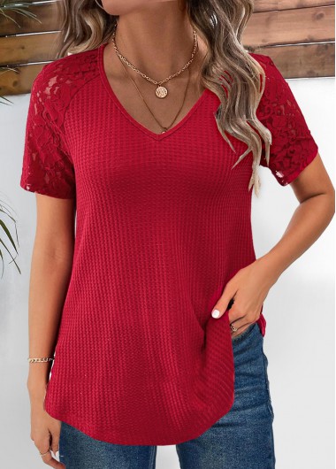 Modlily Wine Red Lace Short Sleeve V Neck T Shirt - M