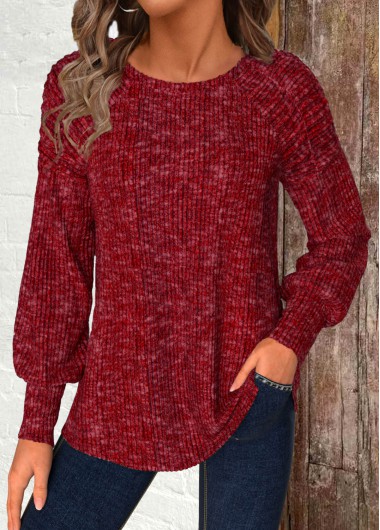 Modlily Wine Red Long Sleeve Round Neck T Shirt - M