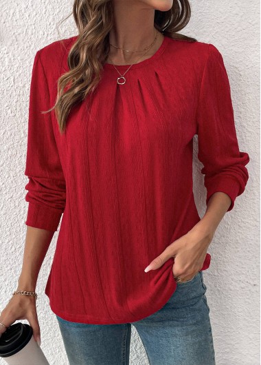 Modlily Wine Red Long Sleeve Round Neck T Shirt - S