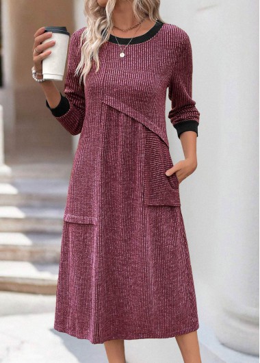 Modlily Wine Red Patchwork A Line Long Sleeve Dress - S