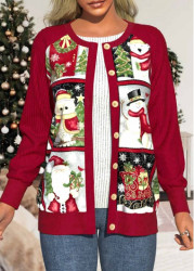 Modlily Wine Red Patchwork Christmas Print Long Sleeve Corduroy Coat - S