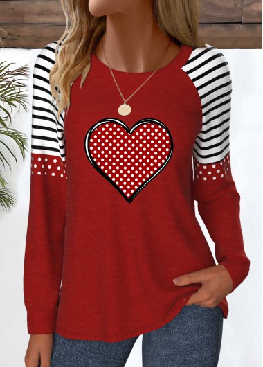 Modlily Wine Red Patchwork Heart Print Long Sleeve T Shirt - S