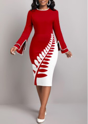 Modlily Wine Red Patchwork Leaf Print Long Sleeve Bodycon Dress - S