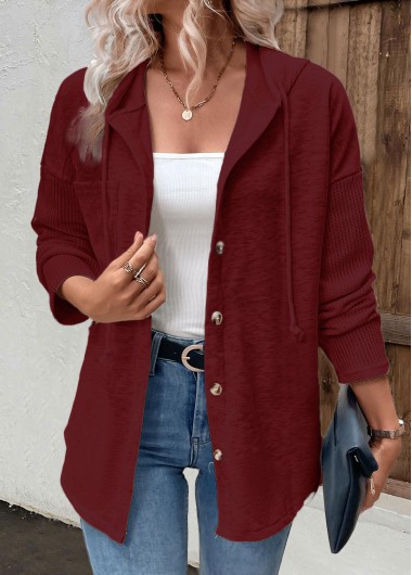 Modlily Wine Red Patchwork Long Sleeve Hoodie - S