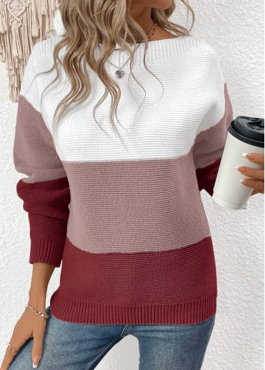 Modlily Wine Red Patchwork Long Sleeve Round Neck Sweater - S