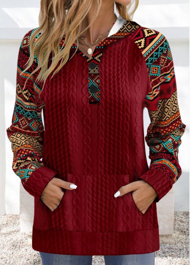 Modlily Wine Red Patchwork Plus Size Tribal Print Hoodie - 1X