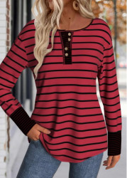 Modlily Wine Red Patchwork Striped Long Sleeve T Shirt - S