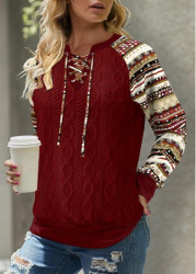 Modlily Wine Red Patchwork Tribal Print Long Sleeve Split Neck Sweatshirt - S