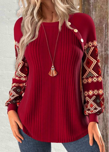 Modlily Wine Red Patchwork Tribal Print Long Sleeve Sweatshirt - S