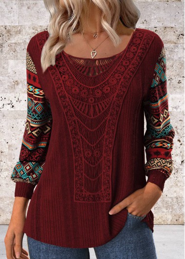 Modlily Wine Red Patchwork Tribal Print Long Sleeve T Shirt - S