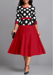 Modlily Wine Red Pearl Polka Dot Round Neck Dress - XXL