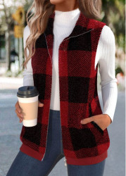 Modlily Wine Red Plush Plaid Sleeveless Stand Collar Waistcoat - S