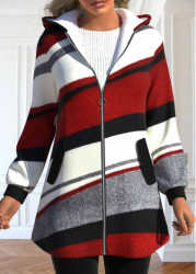 Modlily Wine Red Pocket Geometric Print Long Sleeve Hooded Coat - M