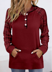 Modlily Wine Red Pocket Plaid Long Sleeve Hoodie - S