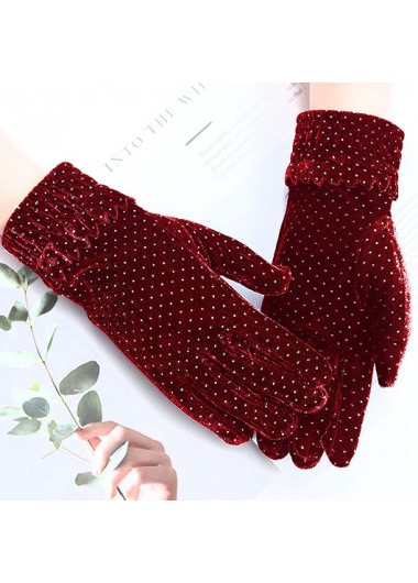 Modlily Wine Red Polka Dot Polyester Gloves - One Size