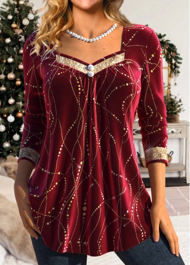 Modlily Wine Red Sequin Long Sleeve Heart Collar T Shirt - S